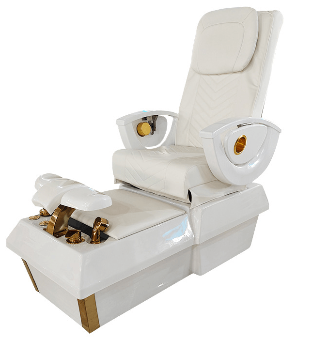 Minimalist White & Gold Pedicure Station with Built-in Armrest Cup Holders 1 Minimalist White & Gold Pedicure Station with Built-in Armrest Cup Holders